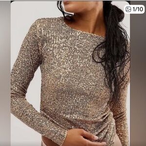 Free People Silver Sequin Long Sleeve Top
